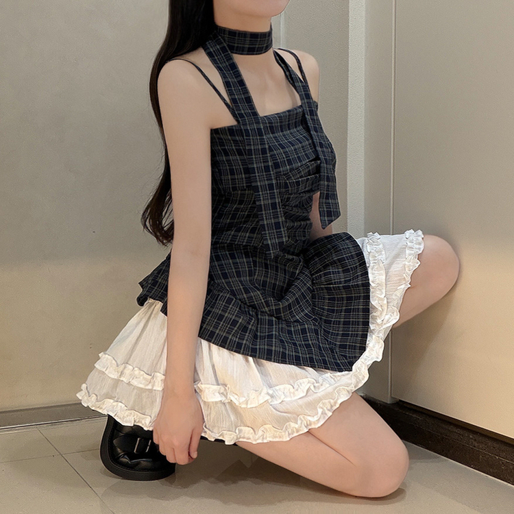【タイ付き】チェックフリルキャミブラウス NAVY