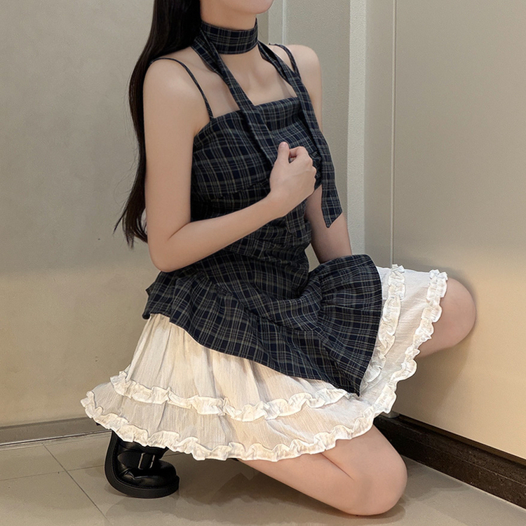 【タイ付き】チェックフリルキャミブラウス NAVY