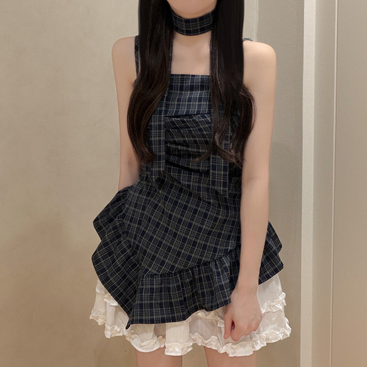 【タイ付き】チェックフリルキャミブラウス NAVY
