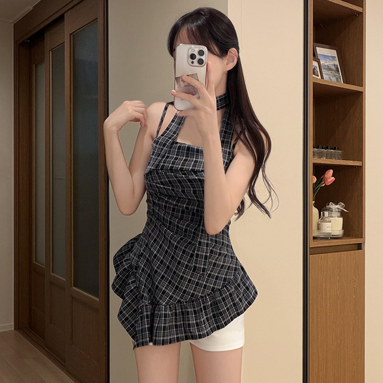 【タイ付き】チェックフリルキャミブラウス BLACK