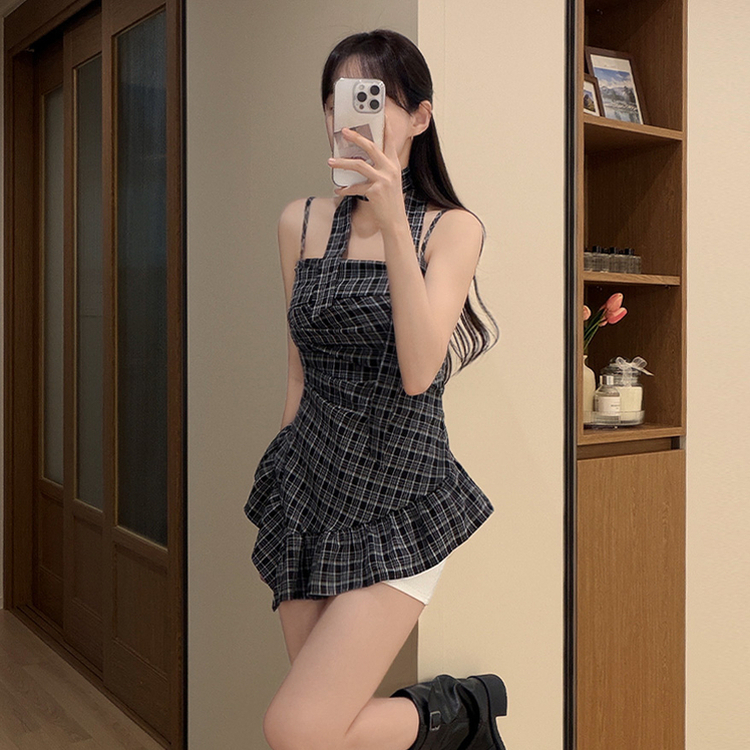 【タイ付き】チェックフリルキャミブラウス BLACK