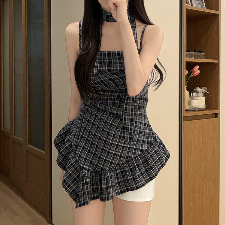 【タイ付き】チェックフリルキャミブラウス BLACK