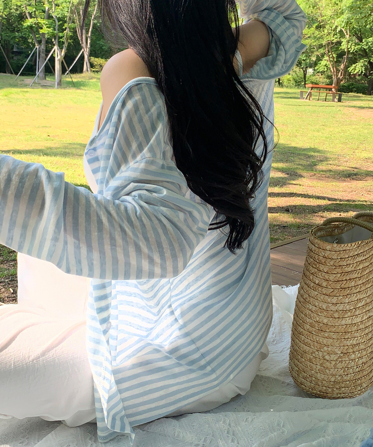 ストライプラウンドネック長袖カーディガン SKY BLUE