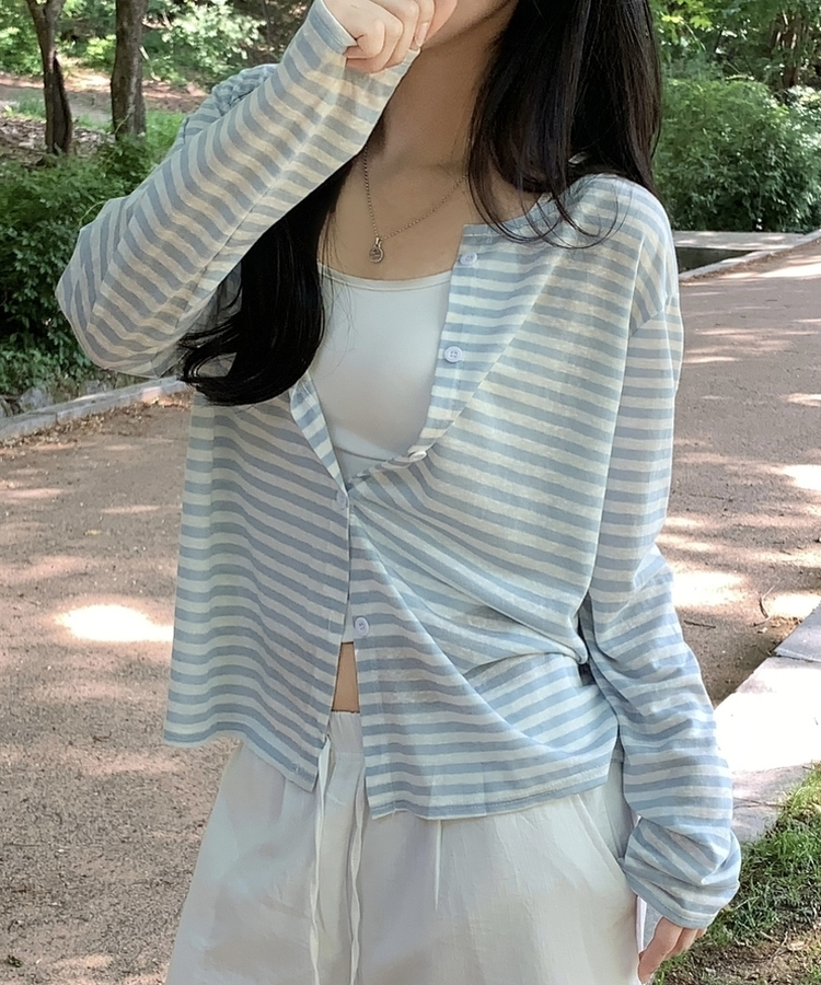 ストライプラウンドネック長袖カーディガン SKY BLUE