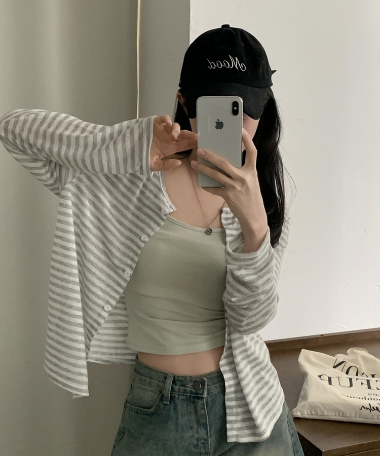 ストライプラウンドネック長袖カーディガン GREY
