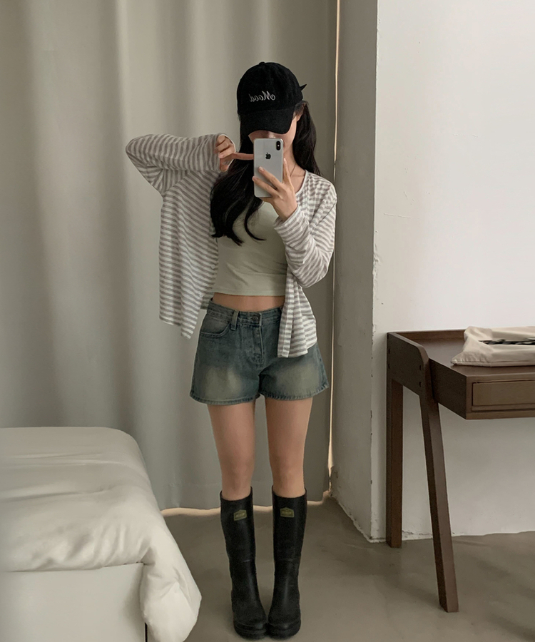 ストライプラウンドネック長袖カーディガン GREY