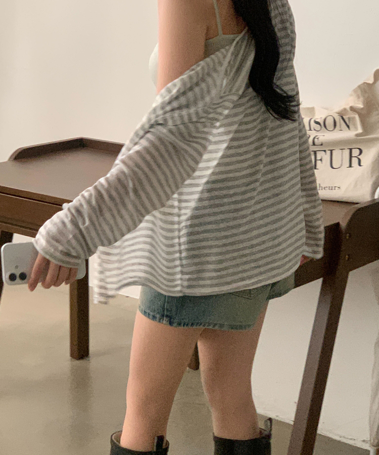 ストライプラウンドネック長袖カーディガン GREY