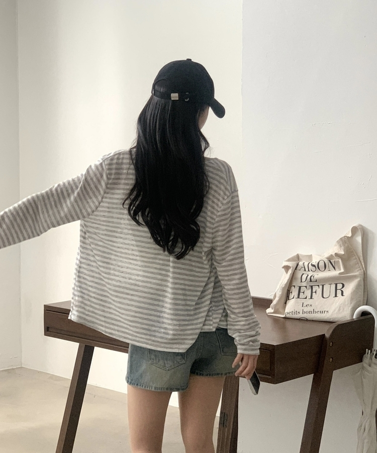 ストライプラウンドネック長袖カーディガン GREY