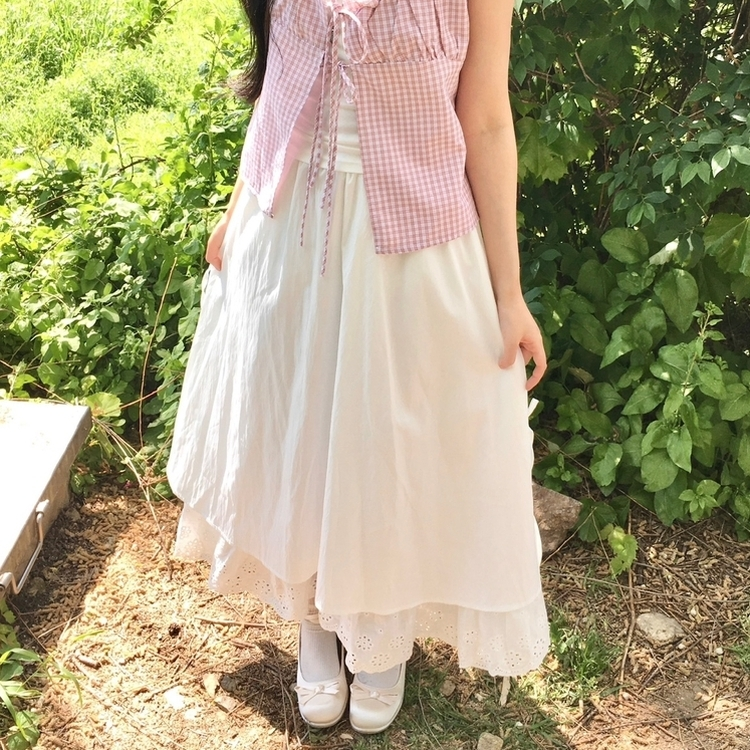 트임 사이드 리본 밑단 레이스 레이어드 캉캉 빈티지 롱스커트 보헤미안 모리걸 화이트