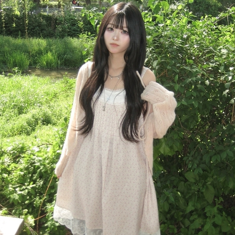 들꽃 캉캉 끈조절 핀턱 빈티지 모리걸 레이스 잔꽃 롱 원피스 아이보리
