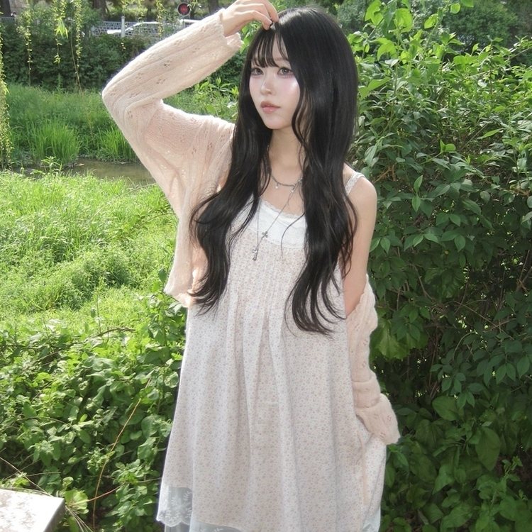 들꽃 캉캉 끈조절 핀턱 빈티지 모리걸 레이스 잔꽃 롱 원피스 아이보리