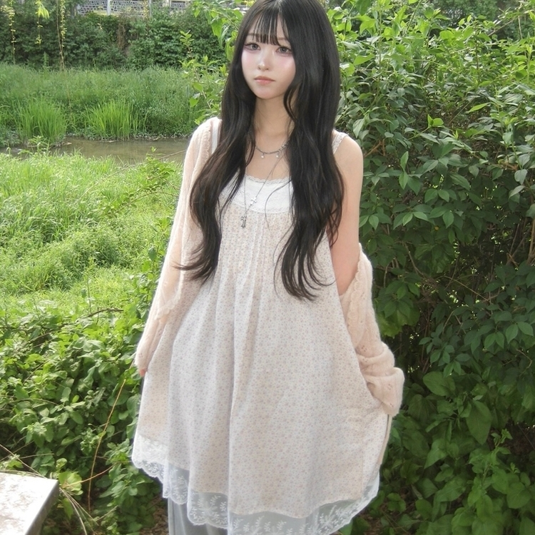 들꽃 캉캉 끈조절 핀턱 빈티지 모리걸 레이스 잔꽃 롱 원피스 아이보리