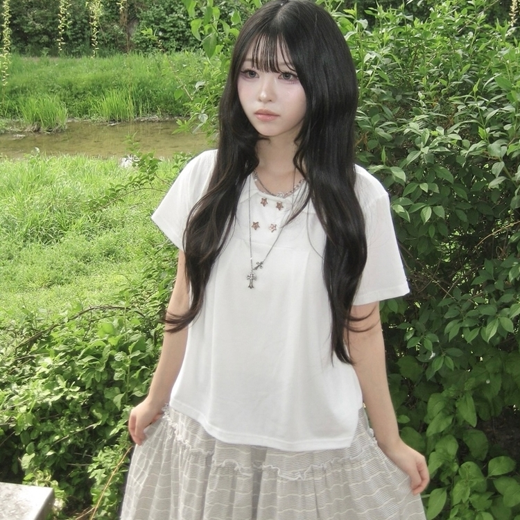 유니크 세라 핀턱 빈티지 반팔 티셔츠 모리걸 아이보리