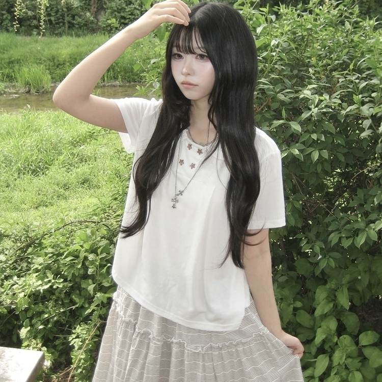 유니크 세라 핀턱 빈티지 반팔 티셔츠 모리걸 아이보리