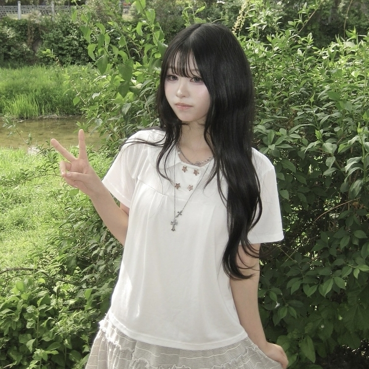 유니크 세라 핀턱 빈티지 반팔 티셔츠 모리걸 아이보리