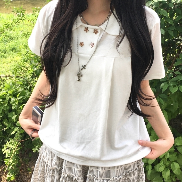유니크 세라 핀턱 빈티지 반팔 티셔츠 모리걸 아이보리
