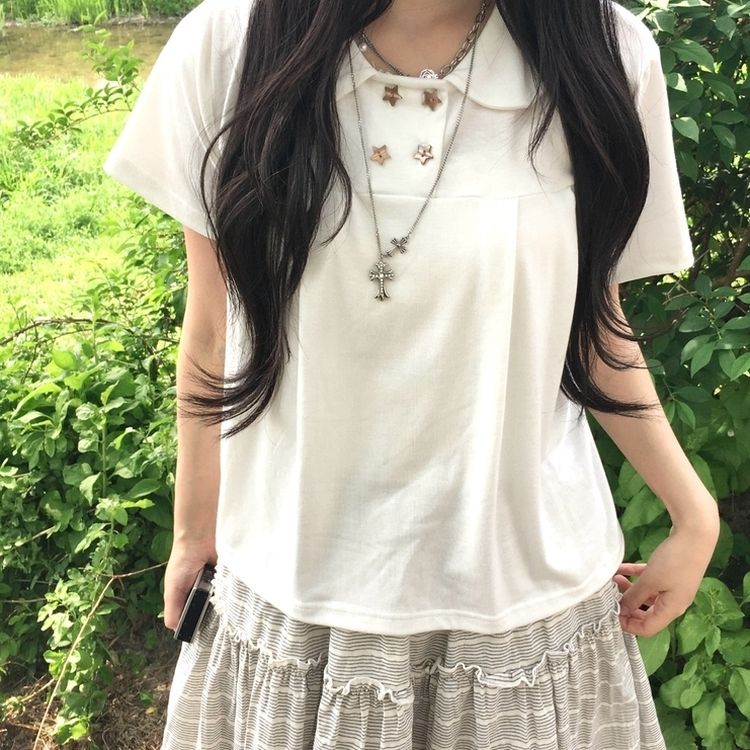 유니크 세라 핀턱 빈티지 반팔 티셔츠 모리걸 아이보리