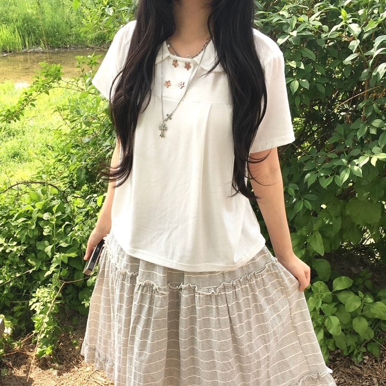 유니크 세라 핀턱 빈티지 반팔 티셔츠 모리걸 아이보리