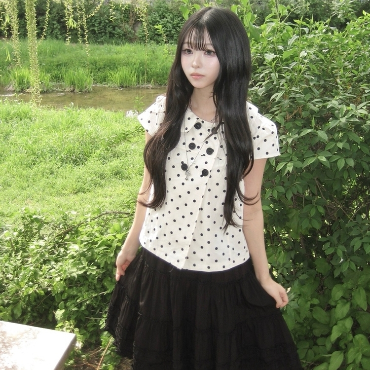 6버튼 모리걸 빈티지 도트 반팔 레이어드 자켓 블라우스2color 화이트
