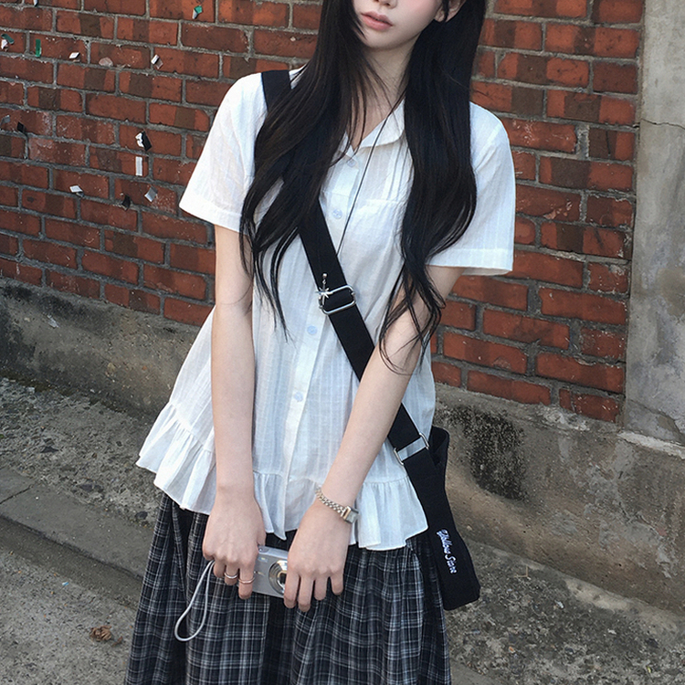 빈티지 프릴 둥근카라 크로셰 셔츠 체크 화이트 블라우스 빅사이즈 넉넉함보장 화이트