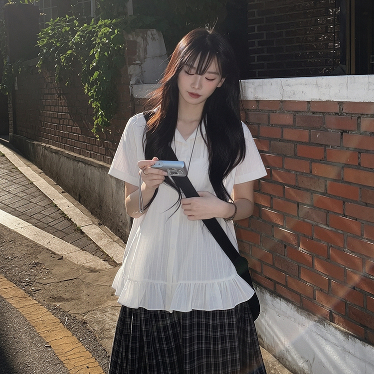 빈티지 프릴 둥근카라 크로셰 셔츠 체크 화이트 블라우스 빅사이즈 넉넉함보장 화이트