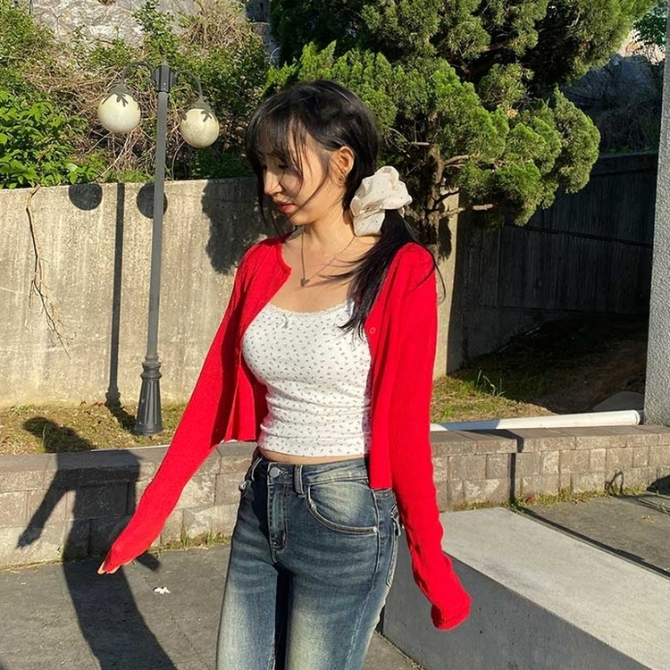 リブボタンカーディガン(7color) red