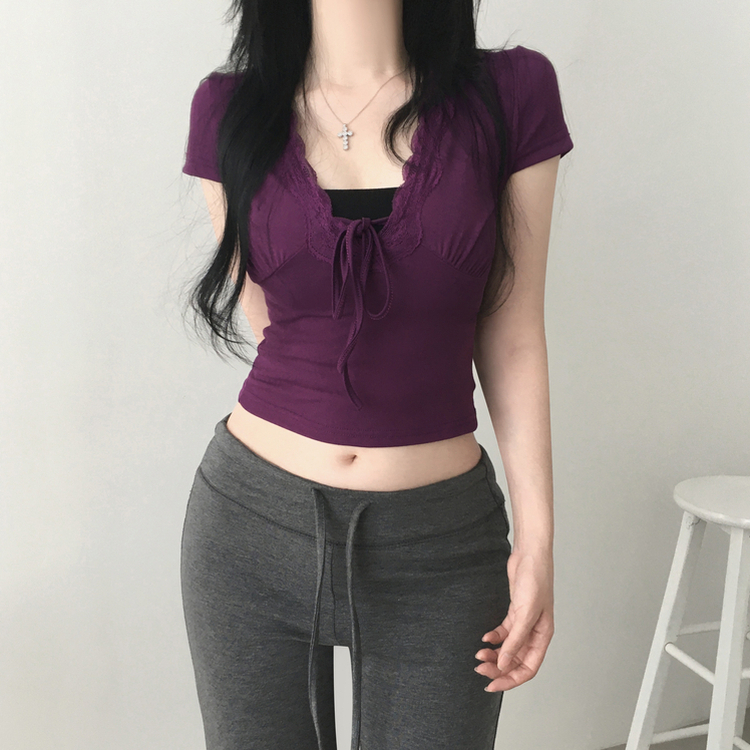 レースディープVネッククロップTシャツ PURPLE