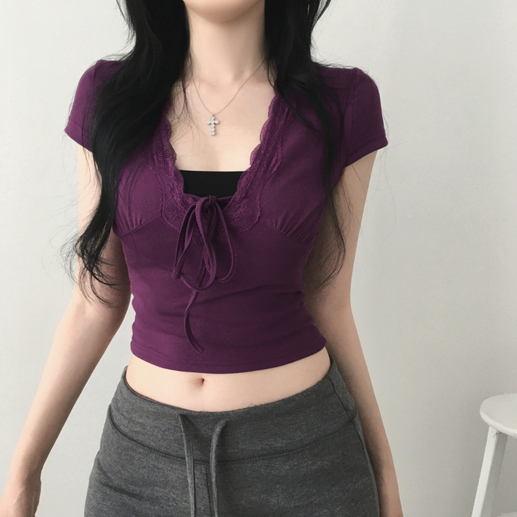 レースディープVネッククロップTシャツ PURPLE