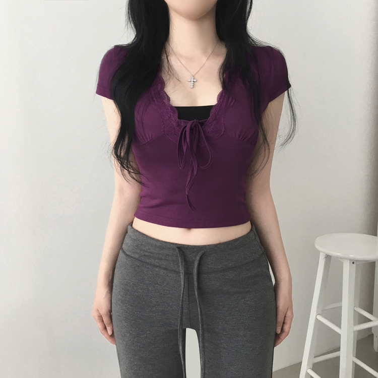 レースディープVネッククロップTシャツ PURPLE