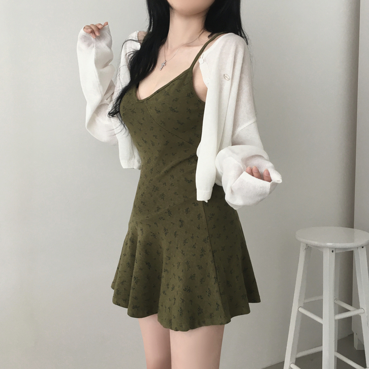 フラワーカーキフレアワンピース KHAKI