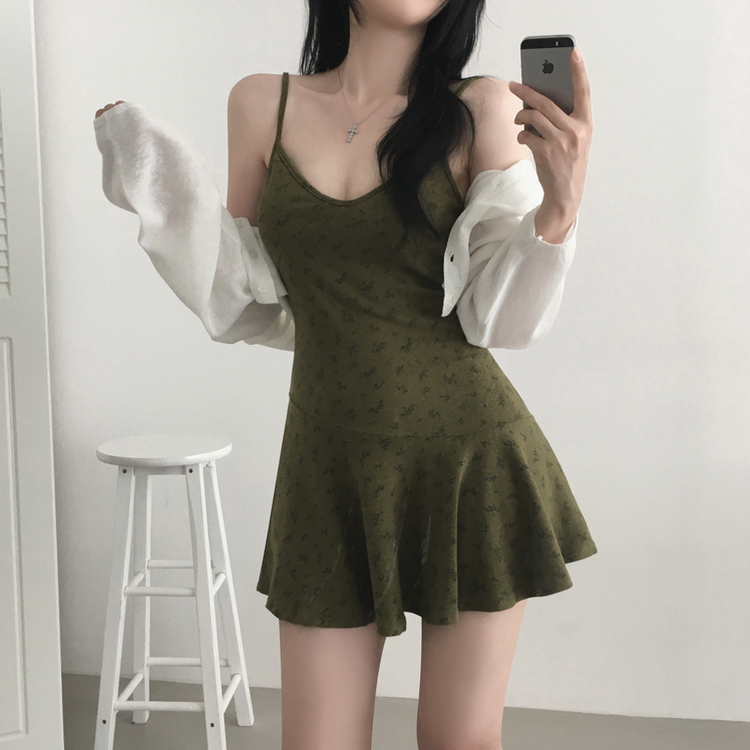 フラワーカーキフレアワンピース KHAKI