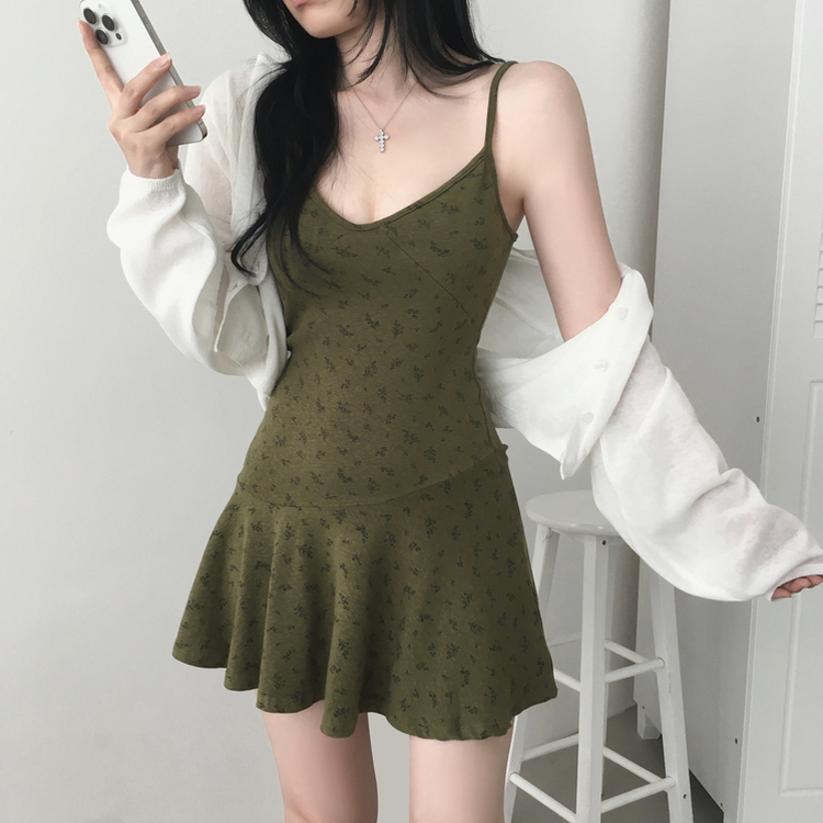フラワーカーキフレアワンピース KHAKI