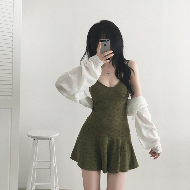 フラワーカーキフレアワンピース KHAKI
