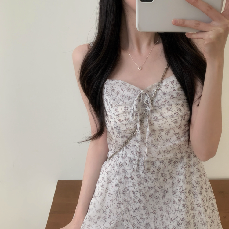 ピンク花柄アンバランスミニワンピース IVORY