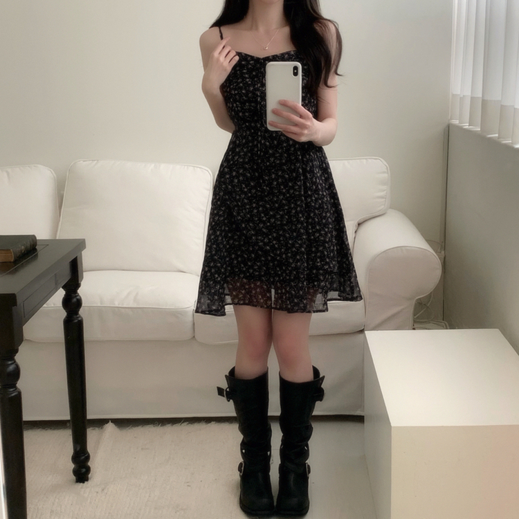 ピンク花柄アンバランスミニワンピース BLACK
