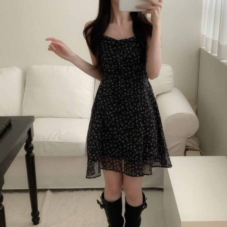 ピンク花柄アンバランスミニワンピース BLACK