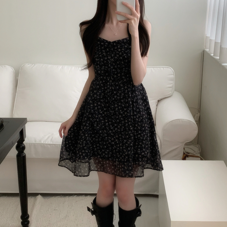 ピンク花柄アンバランスミニワンピース BLACK
