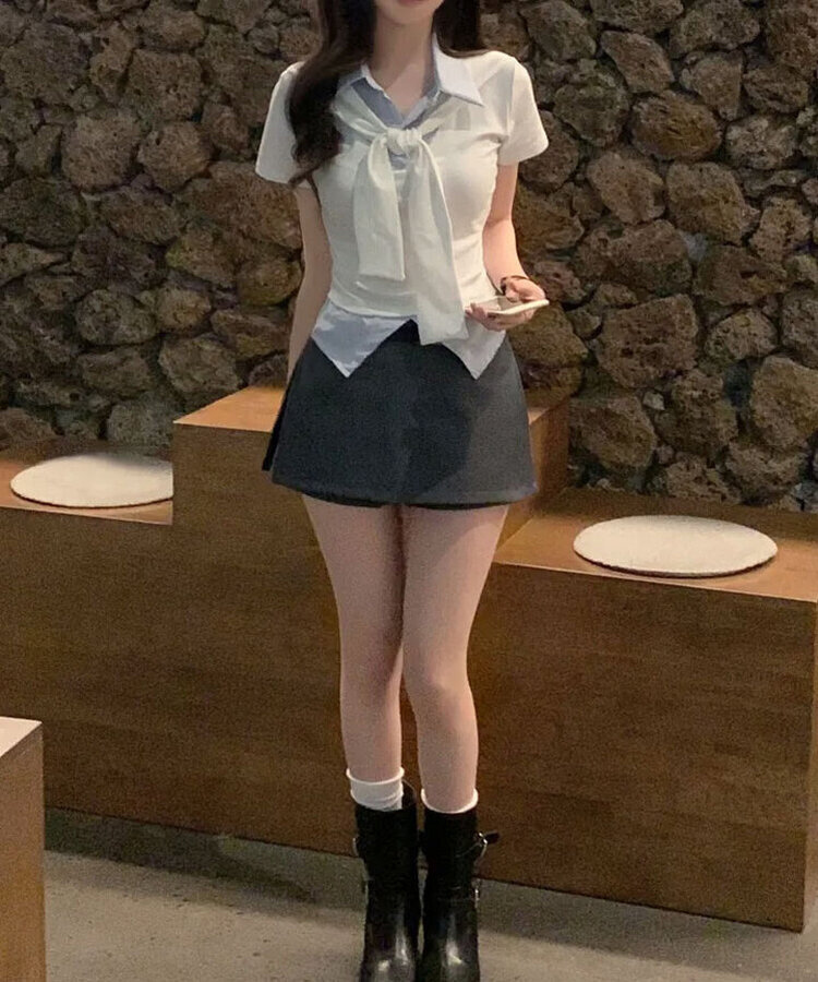 블랑 타이리본 스트라이프 버튼 반팔티셔츠 4color 아이보리