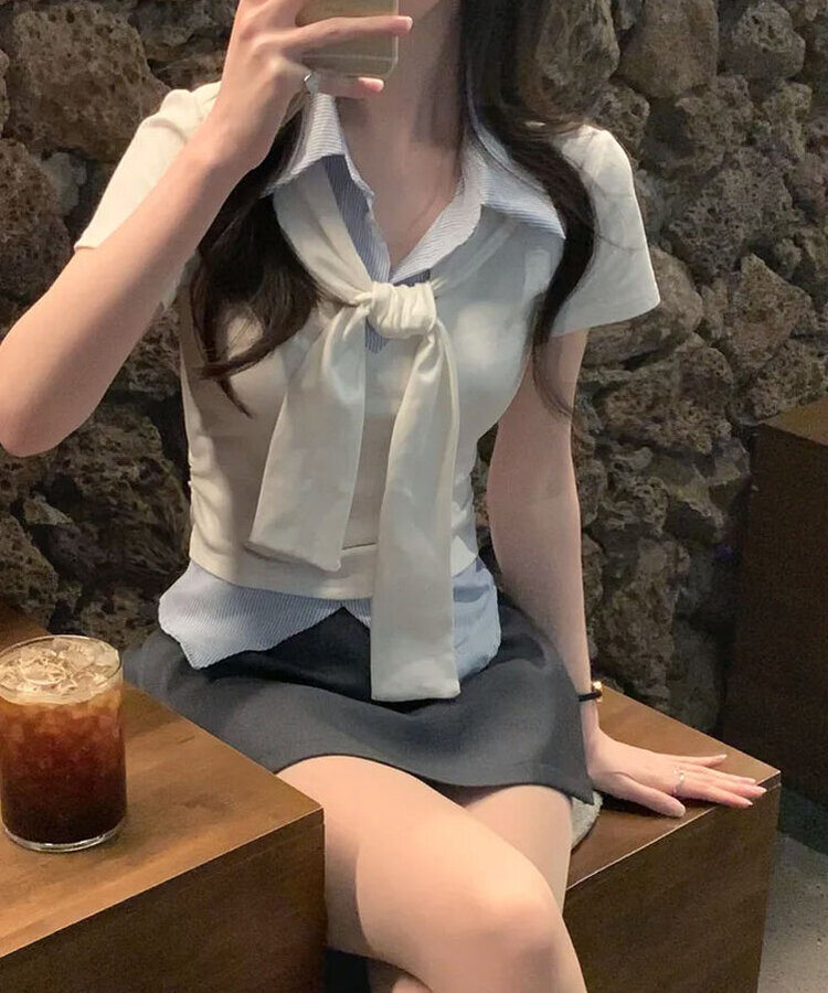 블랑 타이리본 스트라이프 버튼 반팔티셔츠 4color 아이보리