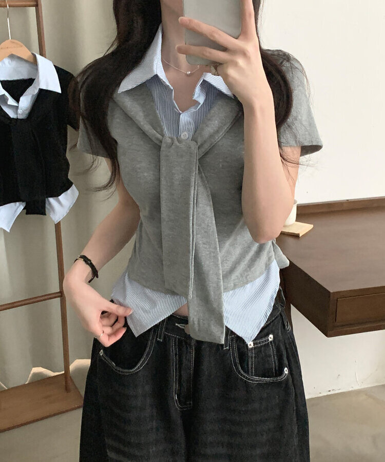 블랑 타이리본 스트라이프 버튼 반팔티셔츠 4color 그레이