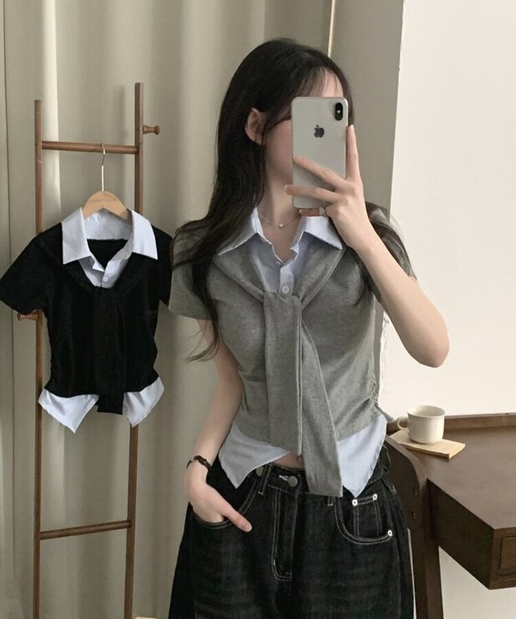 블랑 타이리본 스트라이프 버튼 반팔티셔츠 4color 그레이