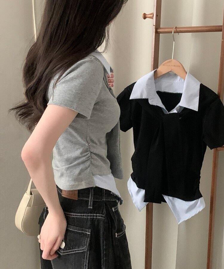 블랑 타이리본 스트라이프 버튼 반팔티셔츠 4color 그레이