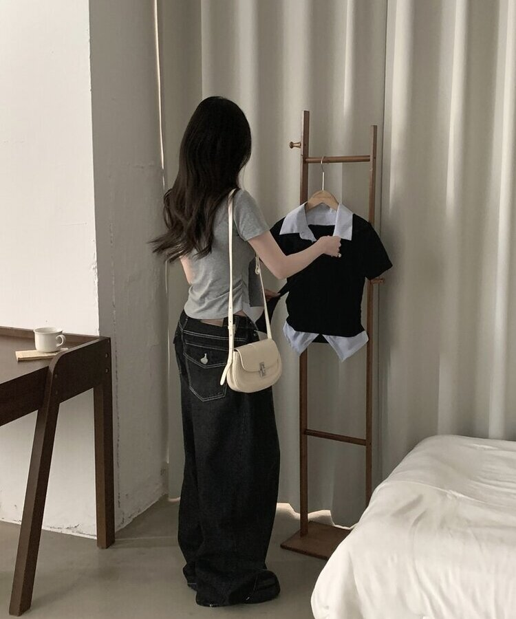 블랑 타이리본 스트라이프 버튼 반팔티셔츠 4color 그레이