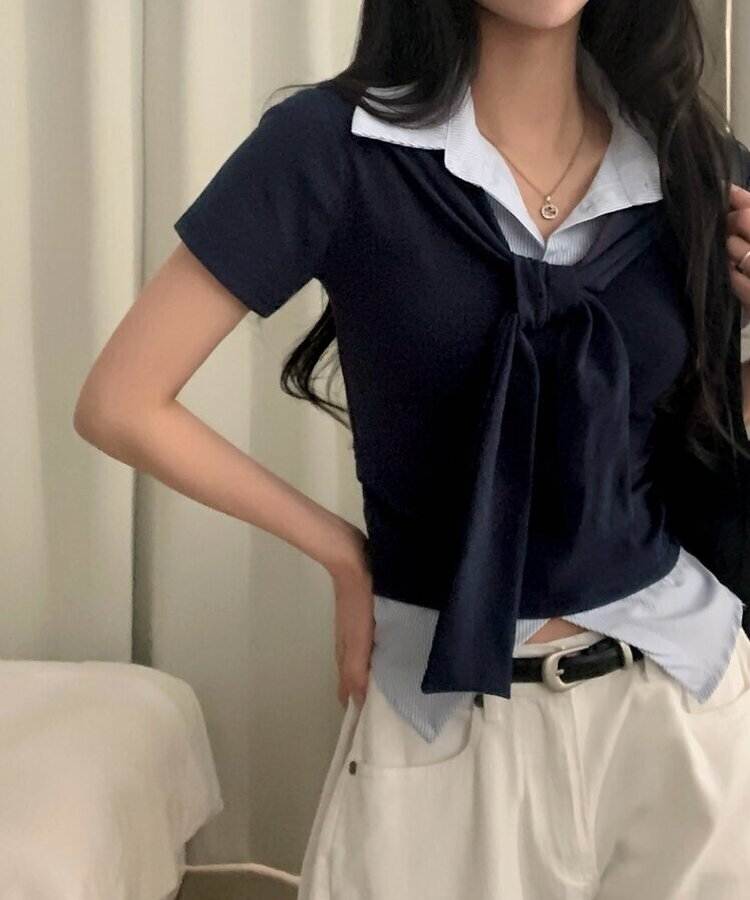 블랑 타이리본 스트라이프 버튼 반팔티셔츠 4color 네이비