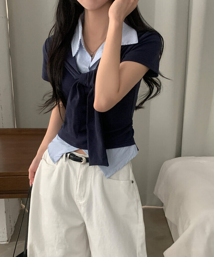 블랑 타이리본 스트라이프 버튼 반팔티셔츠 4color 네이비