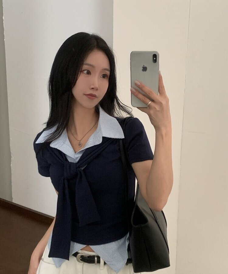 블랑 타이리본 스트라이프 버튼 반팔티셔츠 4color 네이비