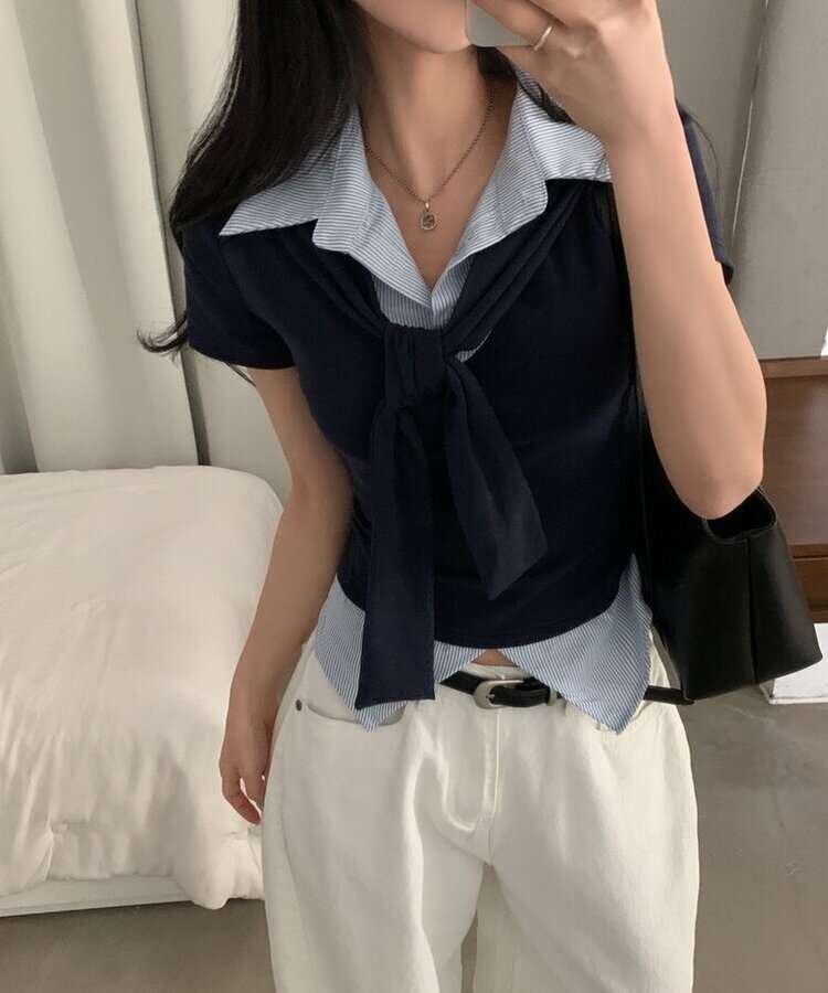 블랑 타이리본 스트라이프 버튼 반팔티셔츠 4color 네이비