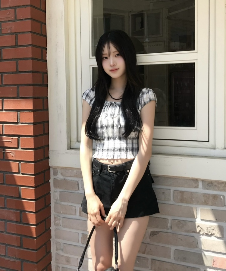 크롭 기장 체크 블라우스 아이보리