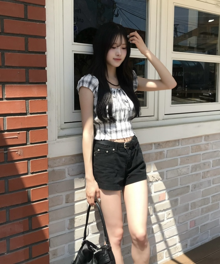 크롭 기장 체크 블라우스 아이보리