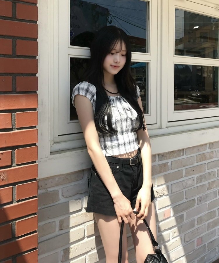 크롭 기장 체크 블라우스 아이보리
